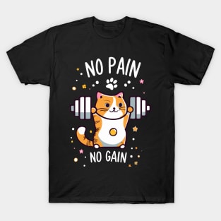 Funny No Pain No Gain Cute Cat Lifting Design T-Shirt